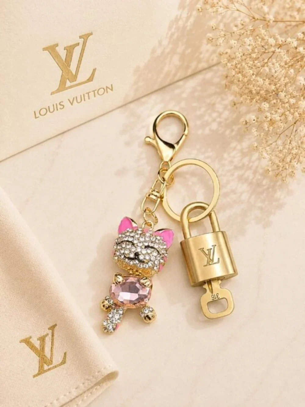 Authentic LV Gold Padlock & Key Set ✨Luxury Bag Charm w/ Unbranded Cat Keychain
